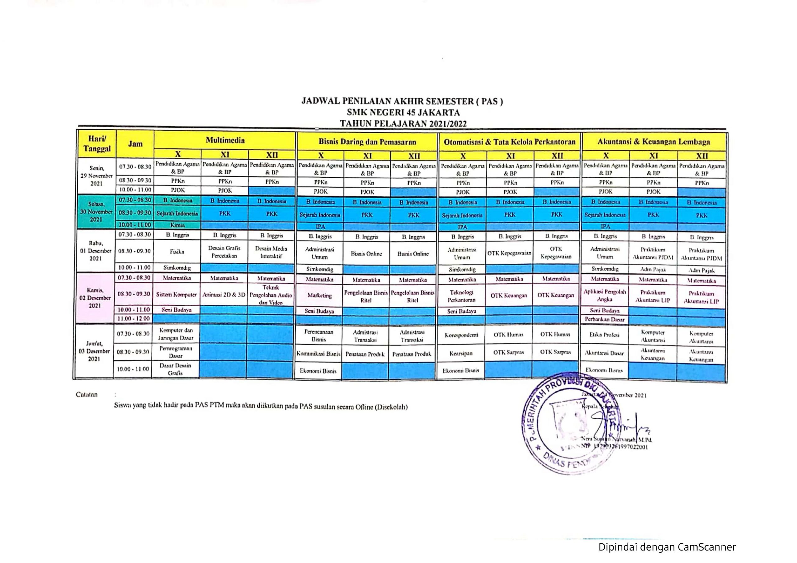 Jadwal PAS Semester Ganjil TP 2021/2022
