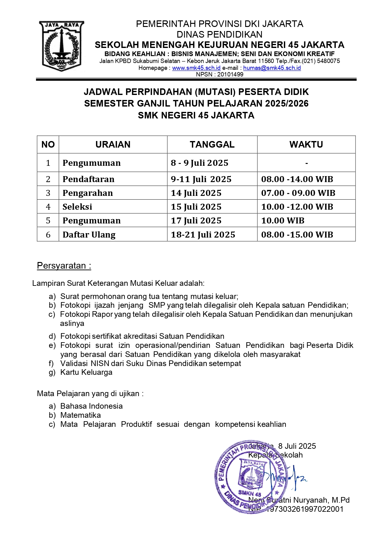 Jadwal Mutasi Semester Ganjil 2025/2026 Jadwal Mutasi Semester Ganjil 2025/2026