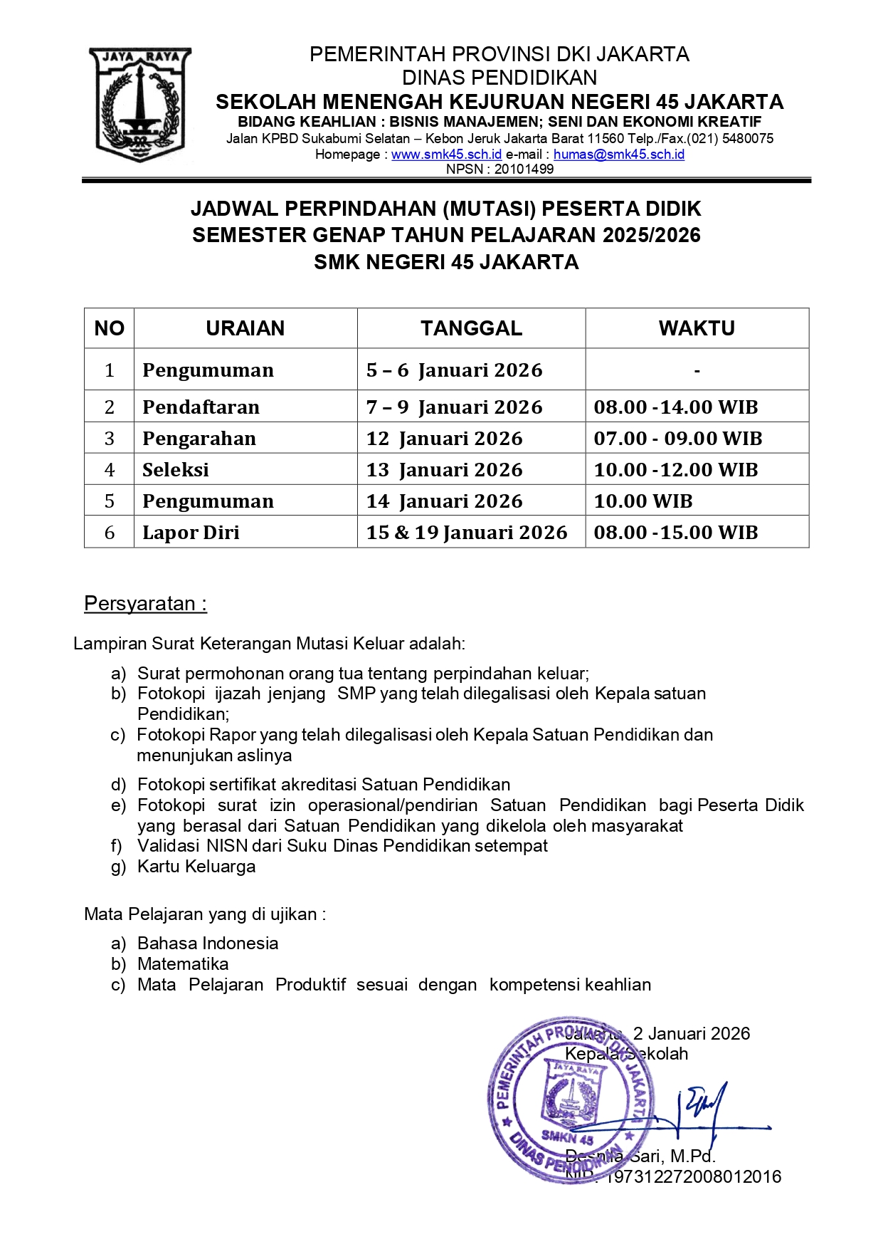 Mutasi Siswa Semester Genap Tahun Ajaran 2025/2026